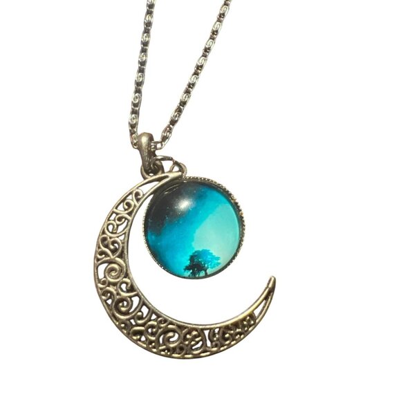 unbranded Jewelry - Moon Crescent Pendant Necklace With Tree & Blue Night Sky Design  Chain